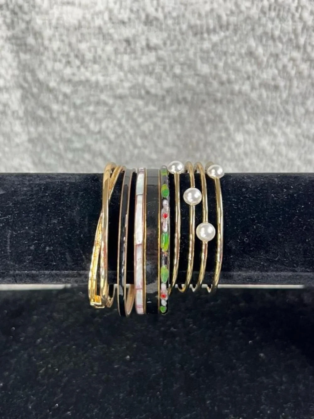 Vintage gold tone cloisonné and mother of pearl Multi-colored bangle set